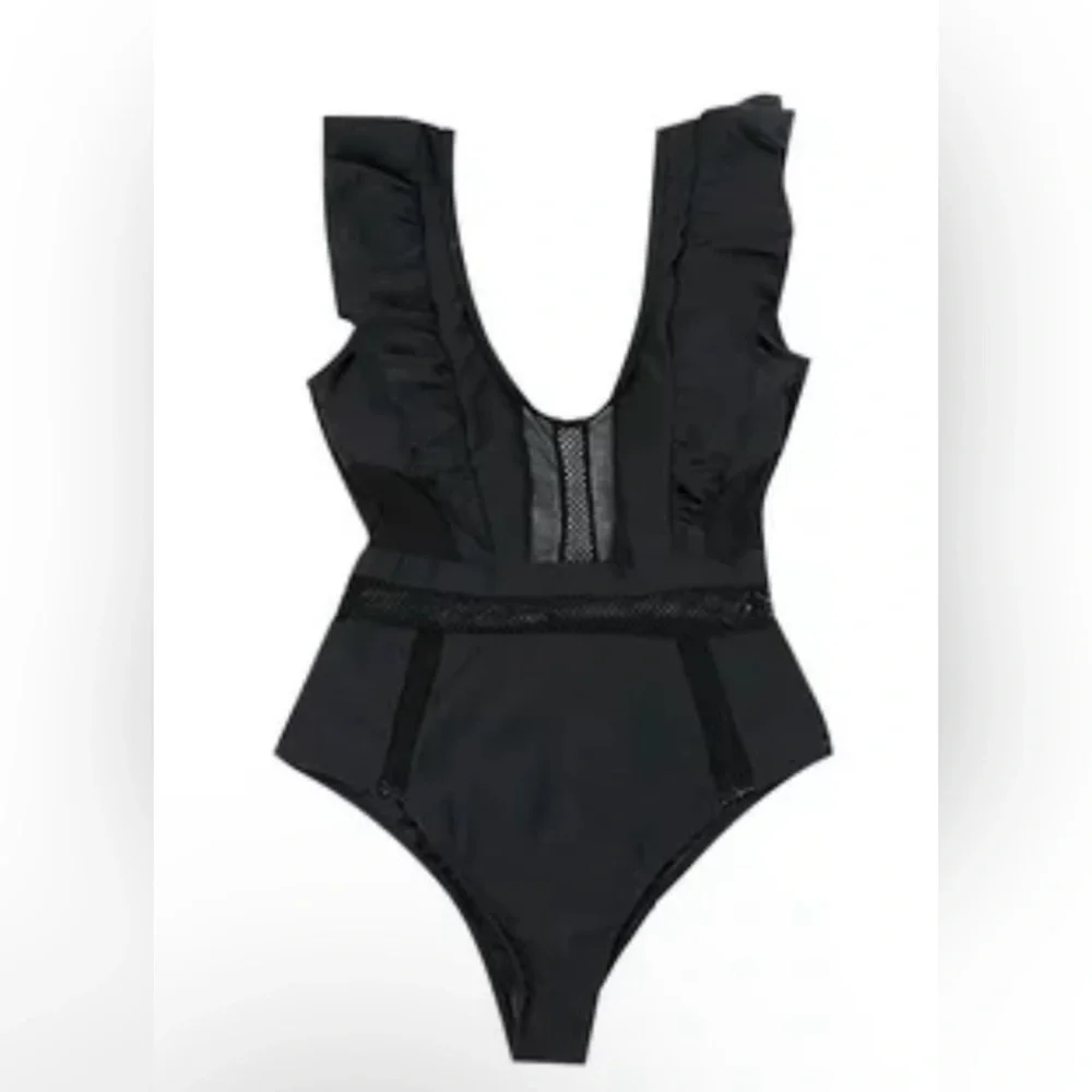 Vera Dolini Swimsuit Ruffle Straps V Neck Mesh Sheer Hide Belly Bathing
